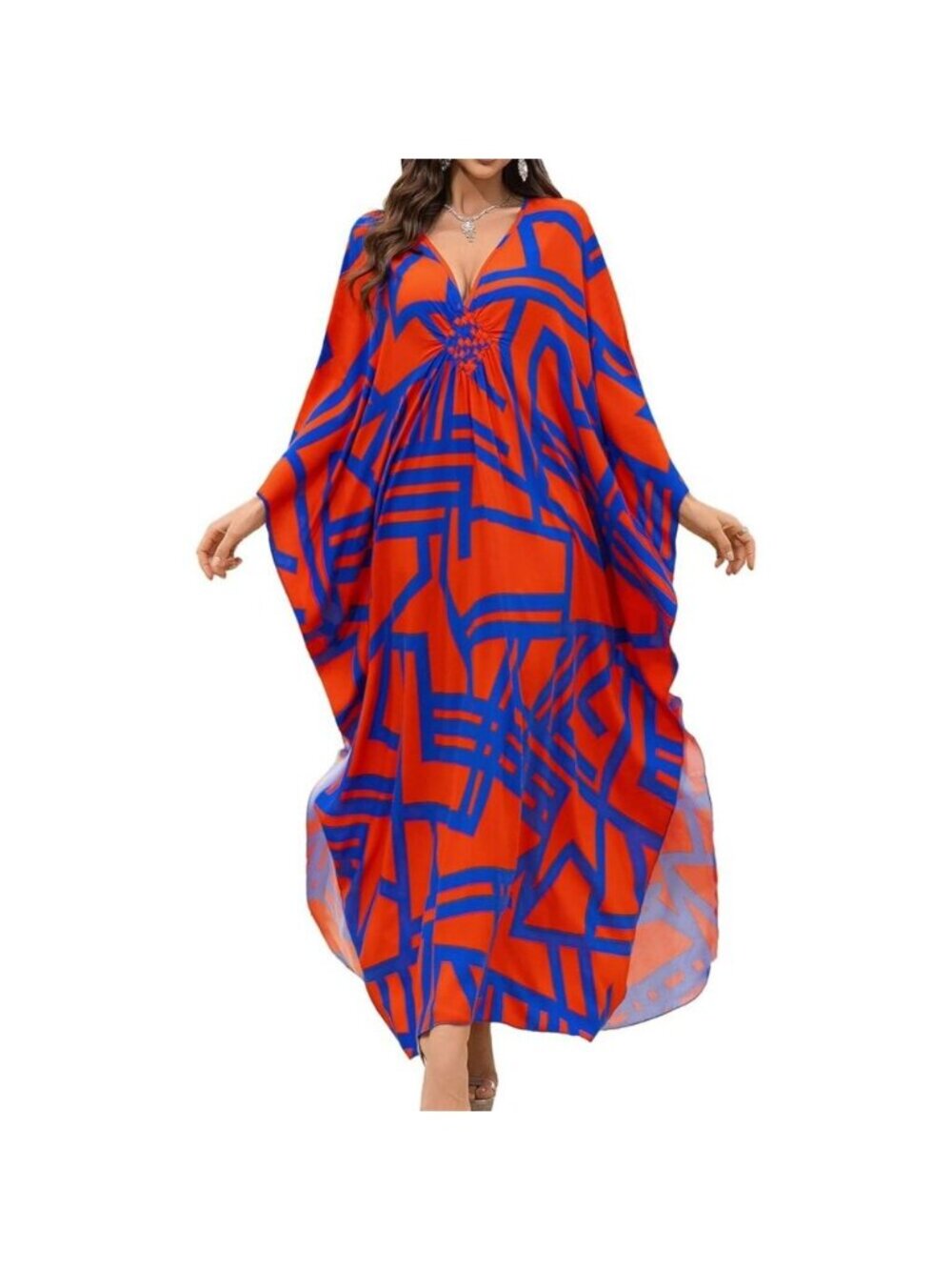 Women's Blue & Red Floral V-Neck Batwing Sleeves Summer Cover Up Kaftan Dress